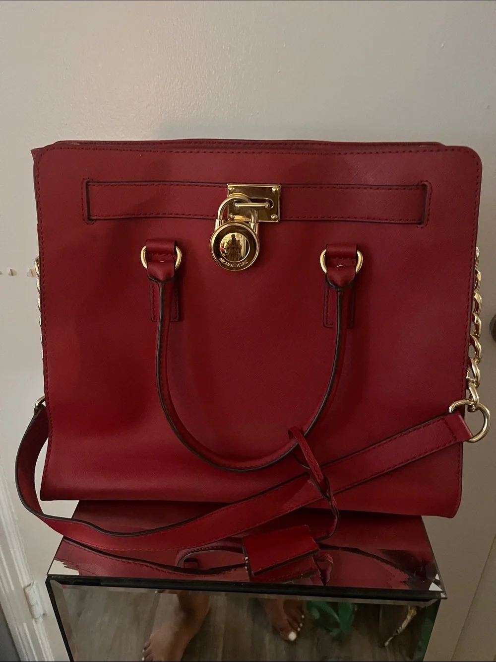 Michael Kors Crimson Leather Satchel with Gold-Tone Lock
